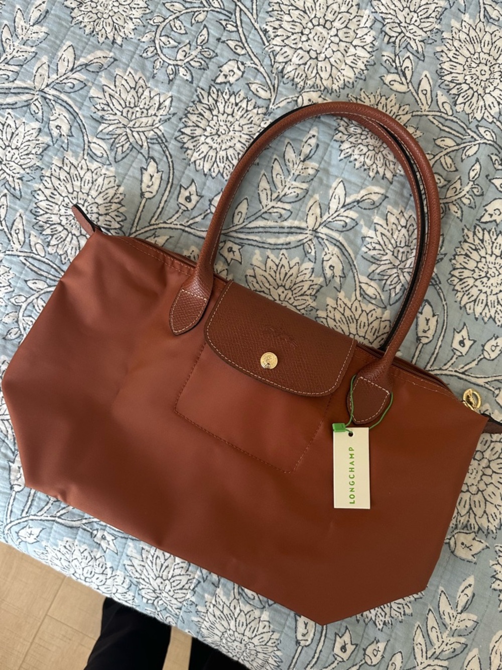 Longchamp Brown Le Pliage Tote with Leather Trim